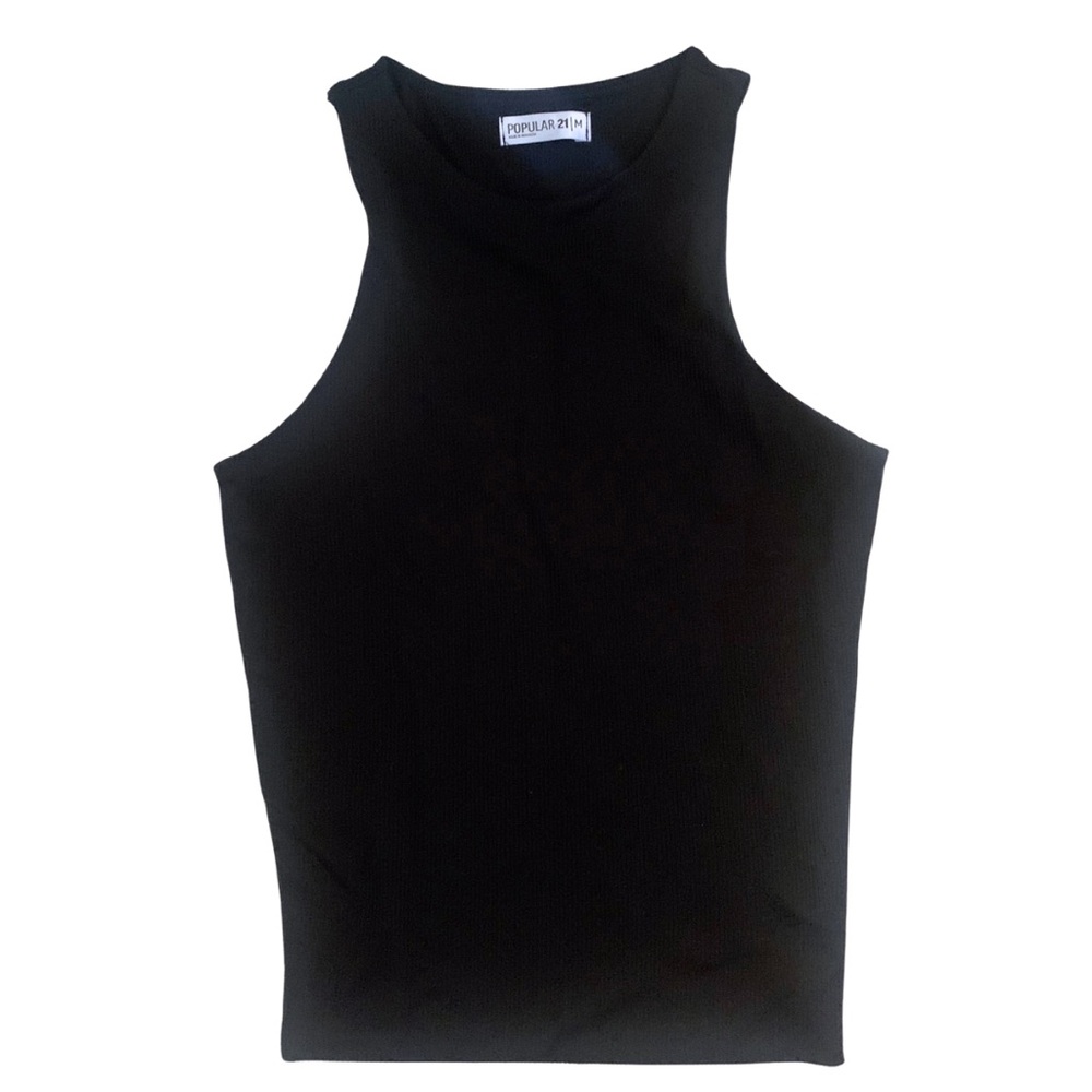 2/$30 Black Ribbed Halter Neck Sleeveless Tank Top Stretch Minimal Capsule Basic